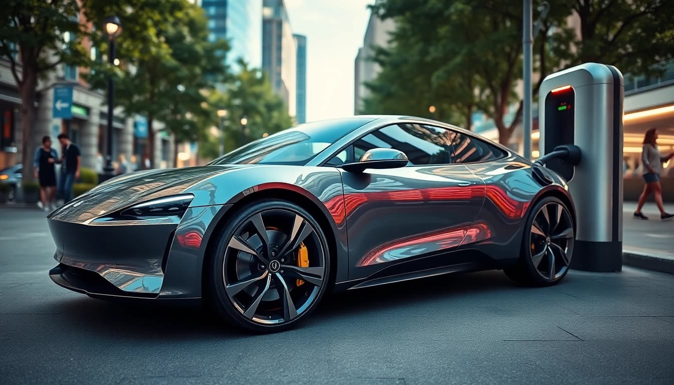 Ein Elektroautos lädt an einer modernen Ladestation in einer urbanen Umgebung.