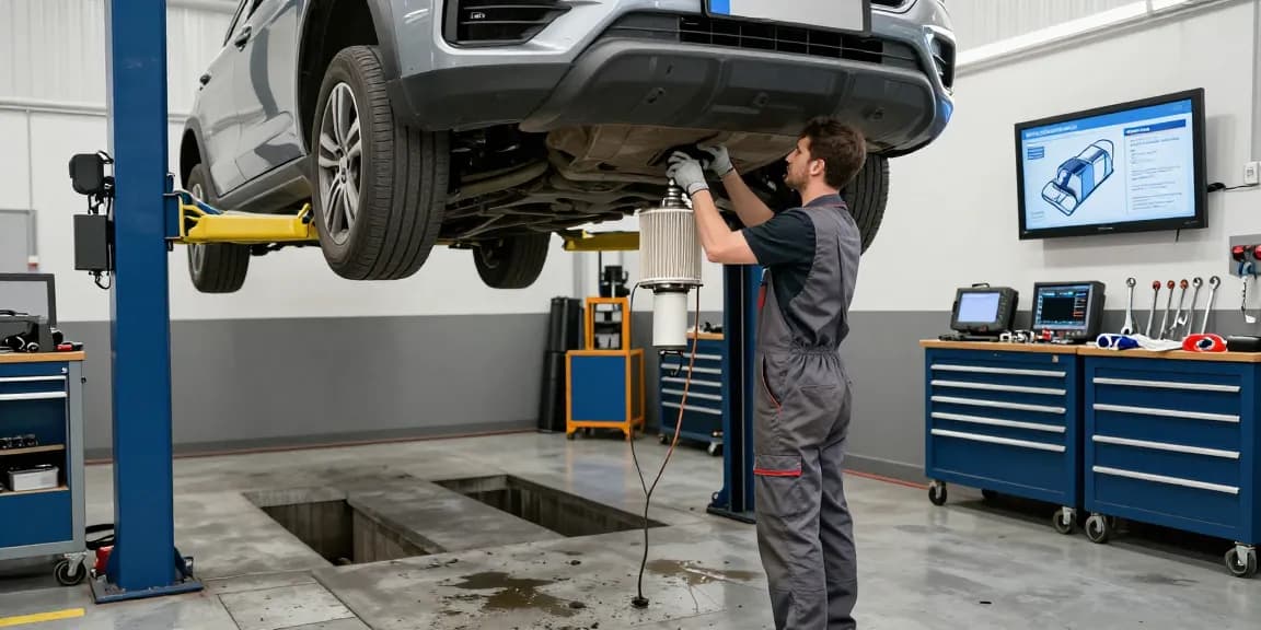 Mechaniker führt DPF Reinigen in einer professionellen Automobilwerkstatt durch.