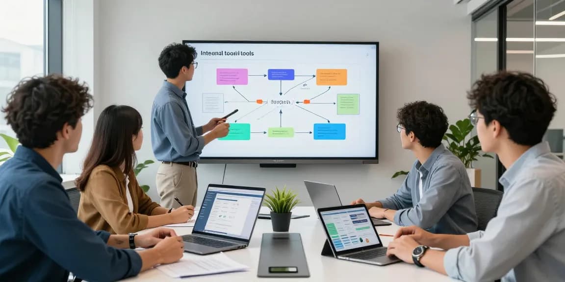 Build internal tools with AI using collaborative professionals in a modern office.