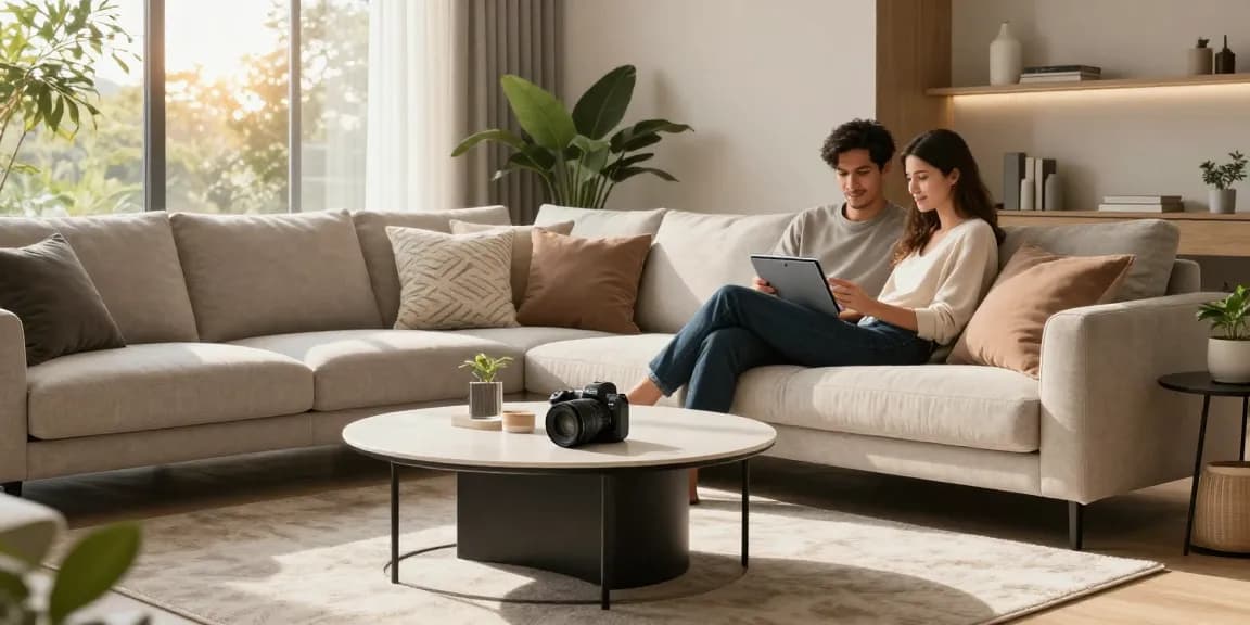 Entdecken Sie stilvolle Optionen für Möbel online kaufen in einem gemütlichen, modernen Wohnzimmer mit einem Paar, das sich auf einem plüschigen Sofa entspannt.