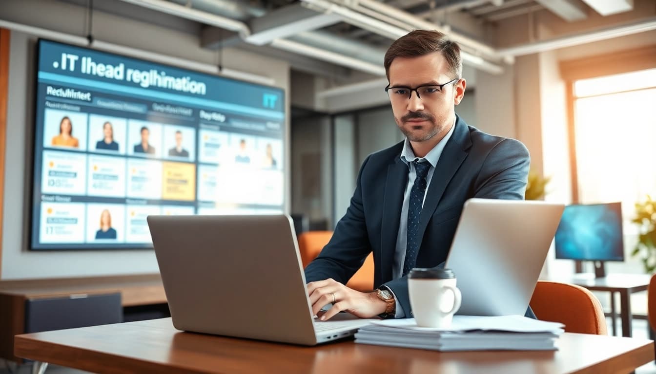 Headhunter IT in a modern office environment analyzing candidate profiles.