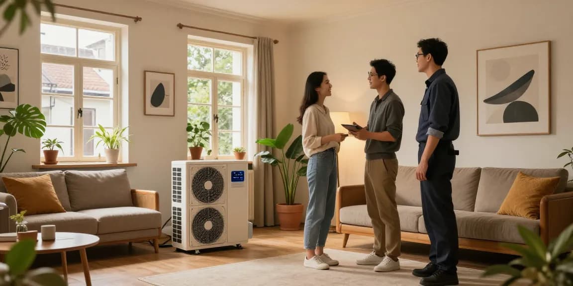 A homeowner evaluates a wärmepumpe im altbau installation with a technician in a stylish living room, emphasizing energy efficiency and comfort.