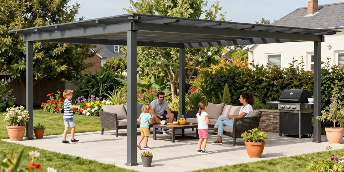 Moderne Terrassenüberdachung mit Familie, die eine sonnige Zeit im Garten genießt.