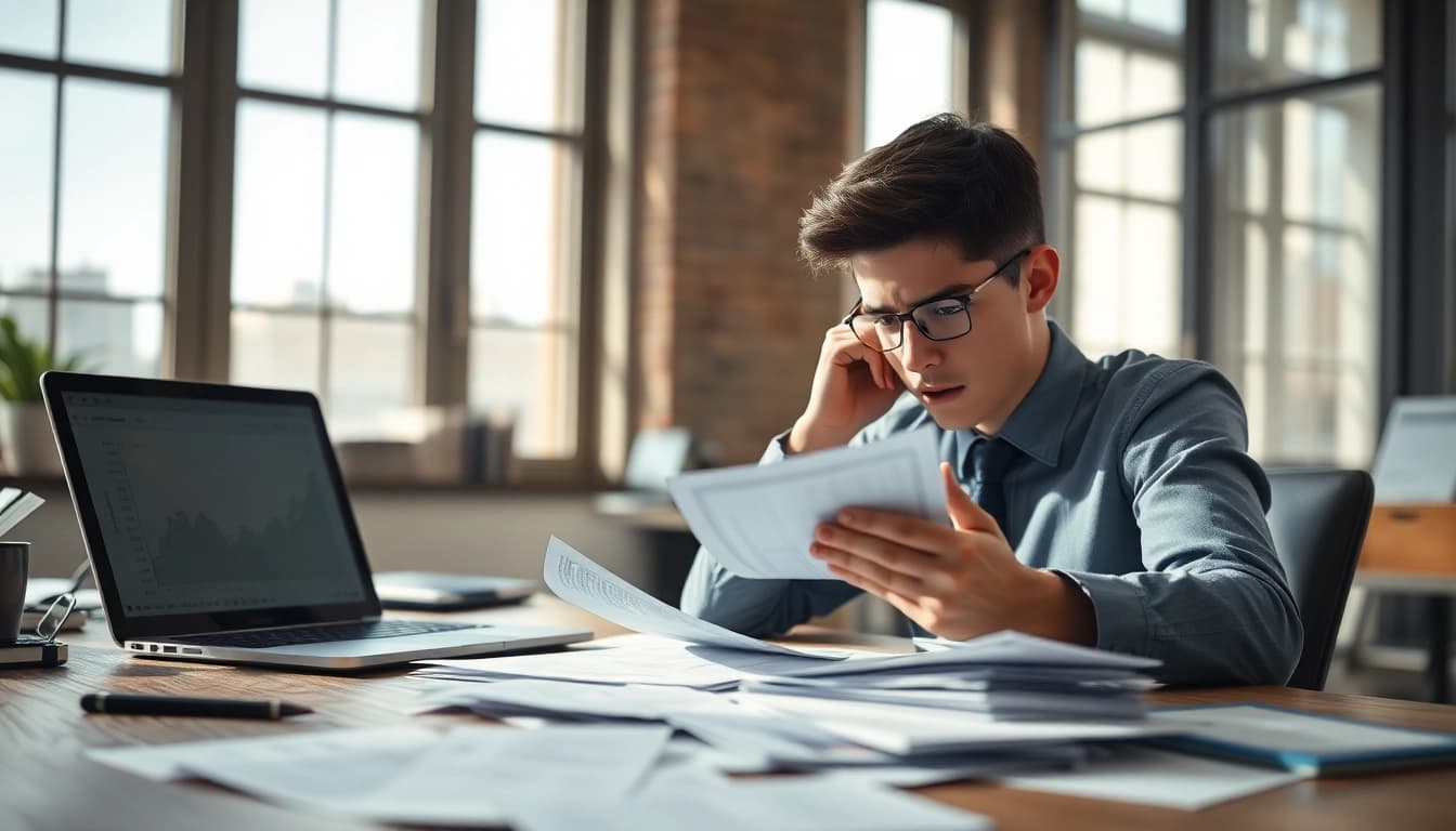 Finanzamt Schulden: Young adult reviewing documents about tax debts in an office.