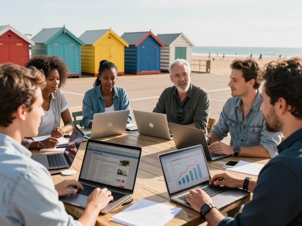 Engaging hosts discussing airbnb management brighton strategies by the beachfront.