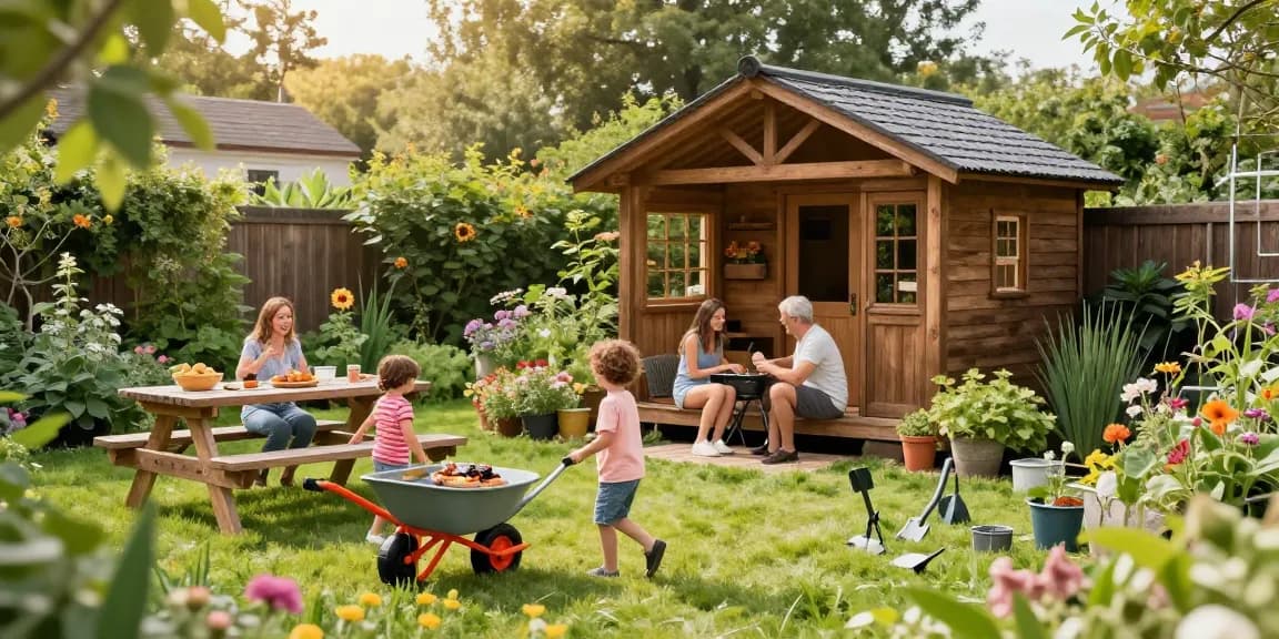 Gartenhaus in einem blühenden Garten mit Familie beim Grillen.