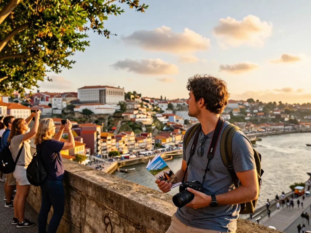 Reisetipps Porto Reisender auf der Dom Luís I Brücke, der malerische Sonnenuntergangsansichten einfängt.