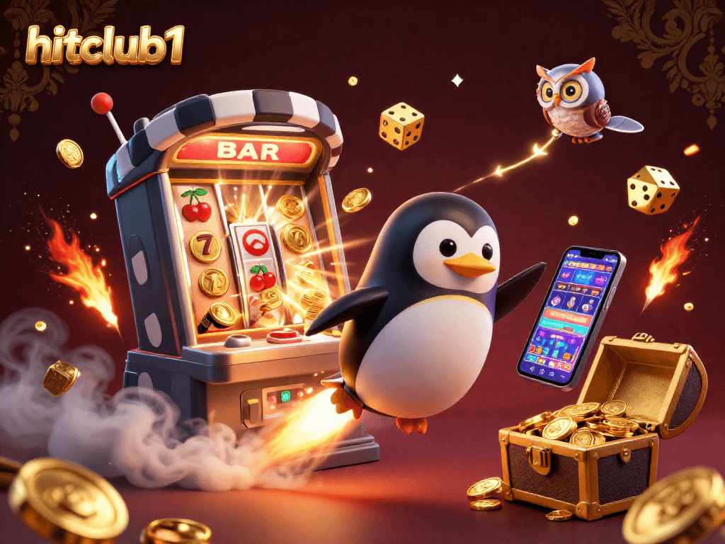 Experience the thrill of hitclub1 with a golden penguin racing to a jackpot explosion in vibrant 3D.
