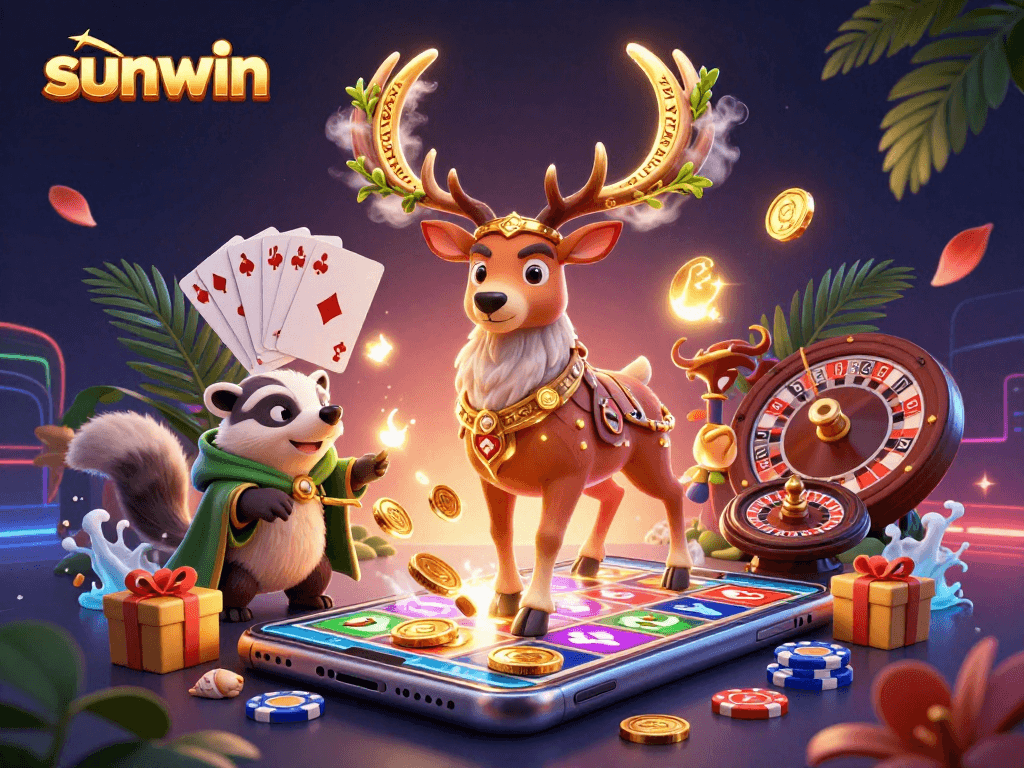 Engage with sunwin's vibrant casino world featuring a Celtic stag and badger amidst lively gaming elements.