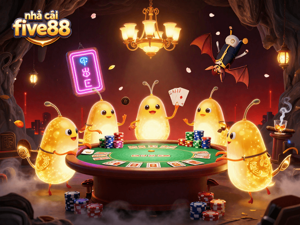 Experience the excitement at nhà cái five88 with a vibrant casino scene featuring poker action and dynamic glowworm characters.