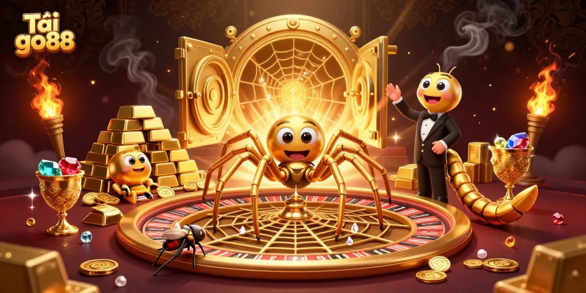 Bet on exciting games with Tải go88's vibrant illustration of a roulette-themed spider web.