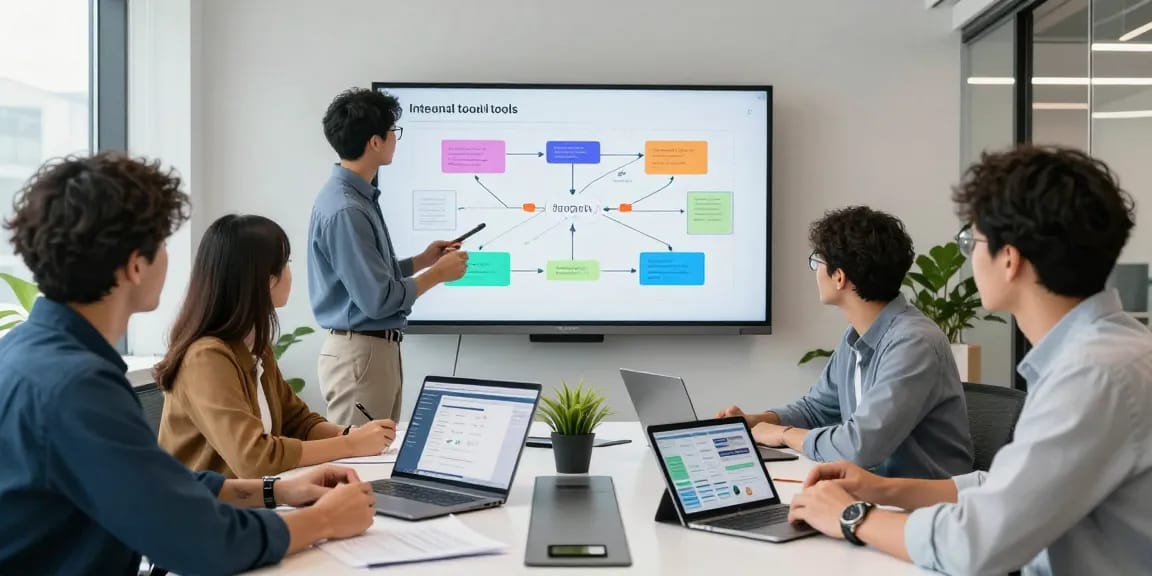 Build internal tools with AI using collaborative professionals in a modern office.