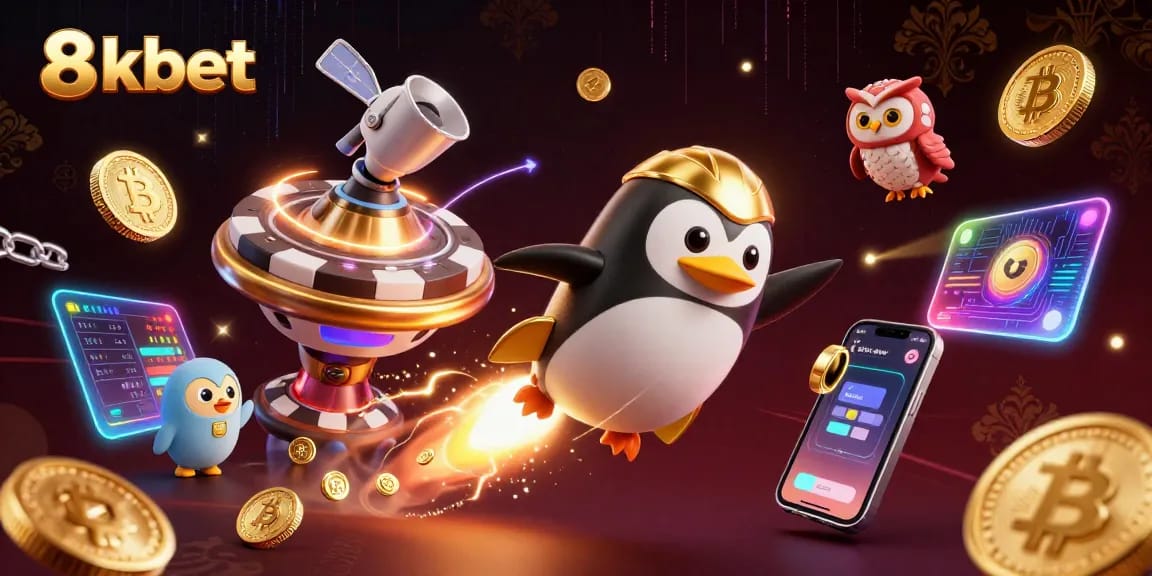 Experience the exciting world of 8xbet with a rocket-powered penguin and crypto elements
