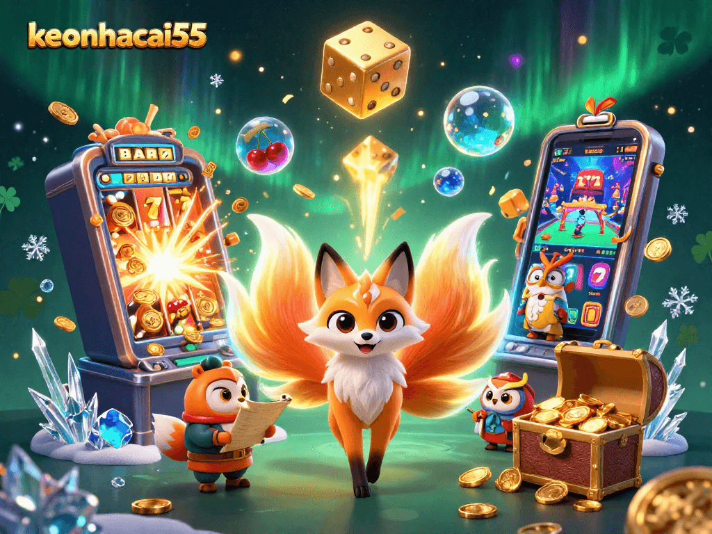 Experience keonhacai55's thrilling jackpot with a vibrant 3D scene of luck and casino excitement.