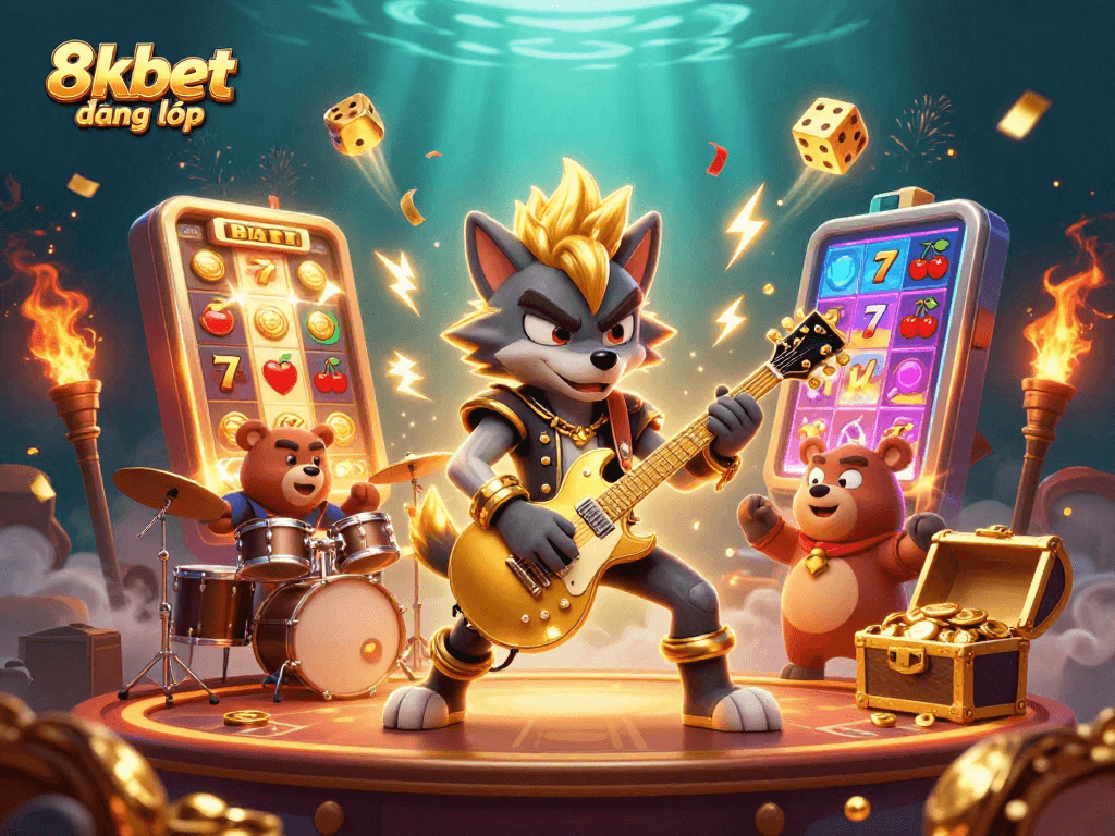 8xbet đăng nhập in a vibrant 3D casino scene featuring a rock star wolf and explosive slot machine