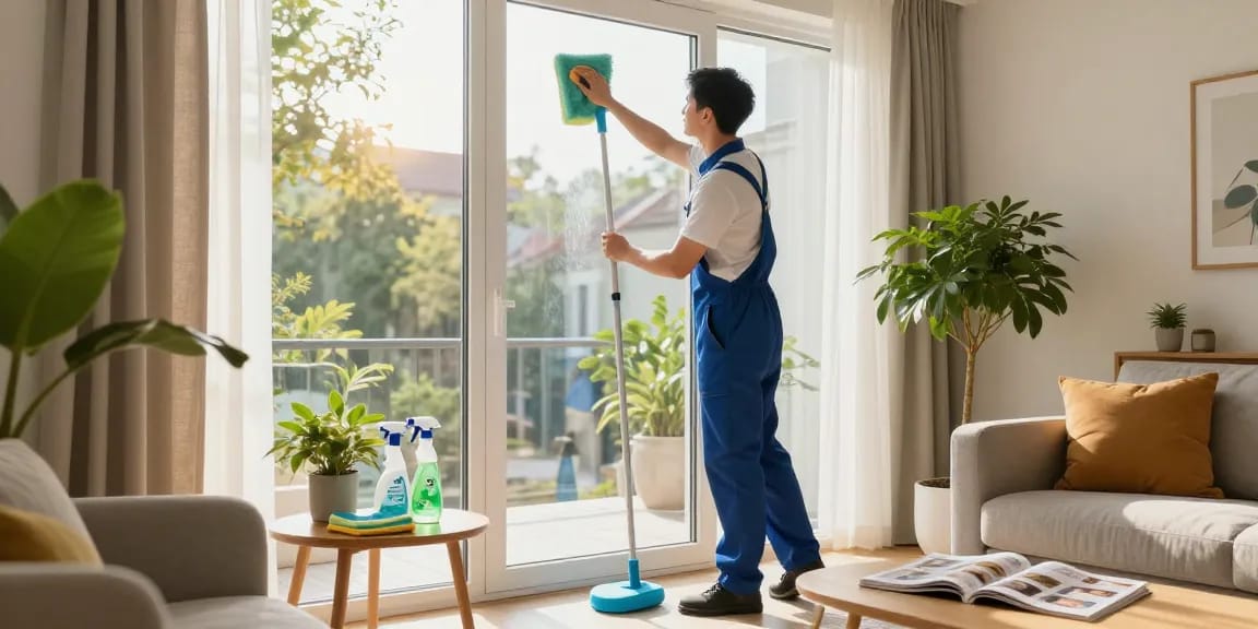 Professional cleaning service for wohnungsreinigung bern, featuring a cleaner polishing windows with sunlight filtering through a bright living room.