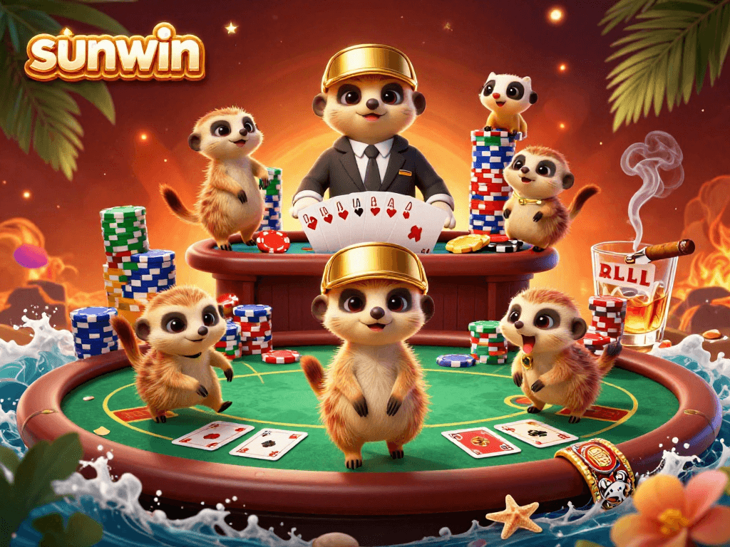 Experience the excitement at sunwin's casino with meerkats running the table, winning chips and cards.