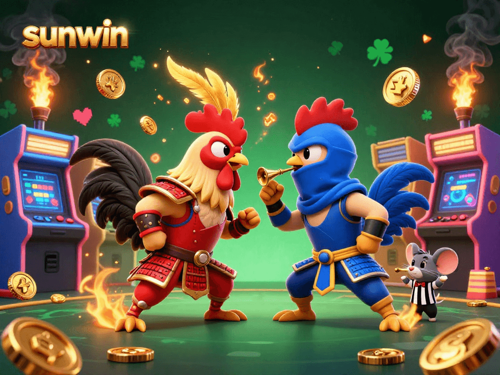 Sunwin promotional illustration of cartoon roosters in a casino gaming showdown.