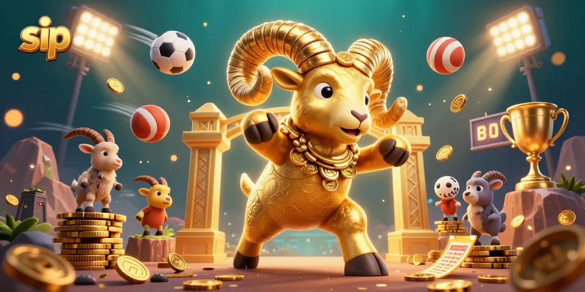 Bet on sip with a massive golden ram amidst dynamic sports elements and golden coins for a vibrant casino experience.