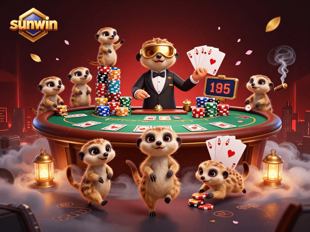 Experience thrilling gameplay at sunwin with playful meerkats managing a bustling casino scene.