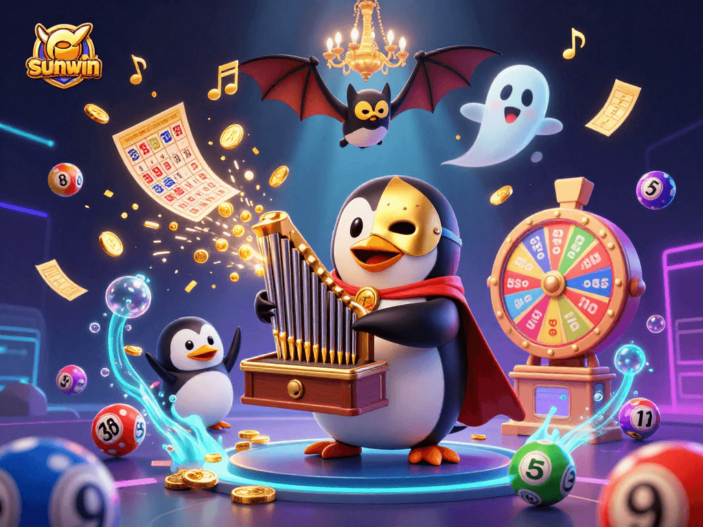 sunwin penguin plays organ while lottery balls and tickets fly in a vibrant casino scene