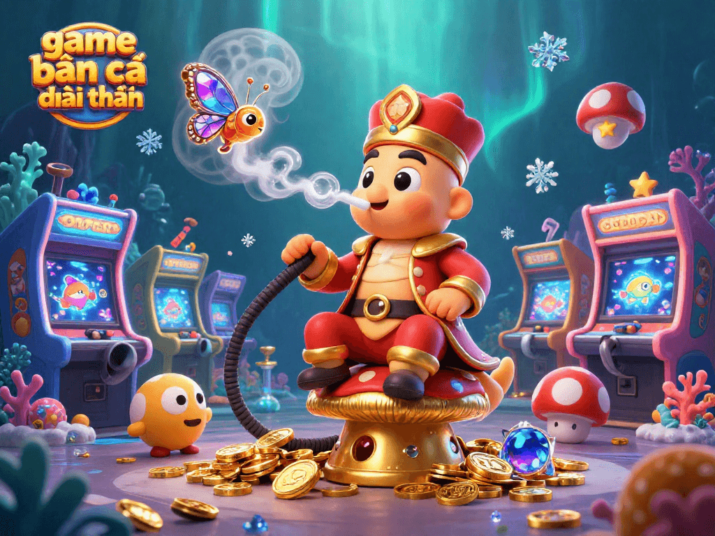 Engage in the thrilling game bắn cá đổi thưởng with colorful 3D elements, featuring a whimsical caterpillar master and vibrant underwater scenery.