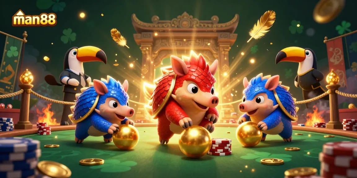 man88 pangolins competing in a casino-themed showdown with poker chips and vibrant gold effects