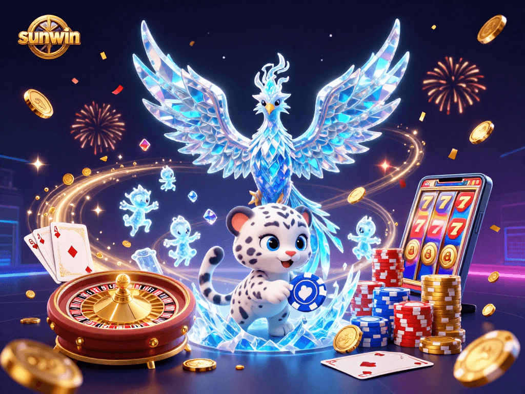Experience the thrill of sunwin as the ice phoenix soars among casino symbols and joyous celebrations.