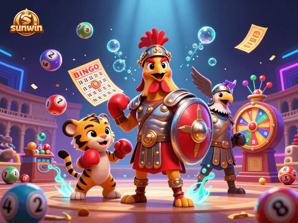 Join the fun and excitement of sunwin's vibrant lottery scene featuring animated characters and dynamic gambling elements.