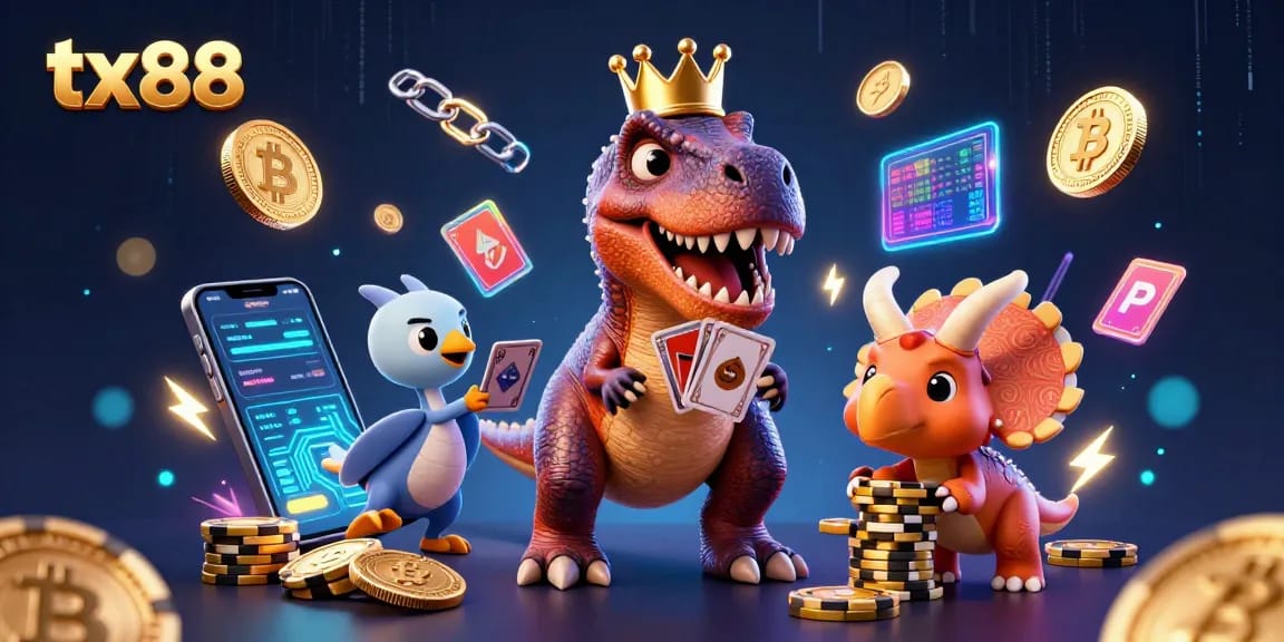 Engage in the vibrant tx88 cryptocurrency casino scene featuring animated dinosaurs with poker cards and crypto coins.