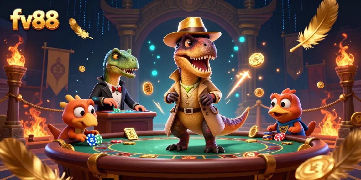 Experience thrilling action at fv88 with a velociraptor card counter and fun casino elements.