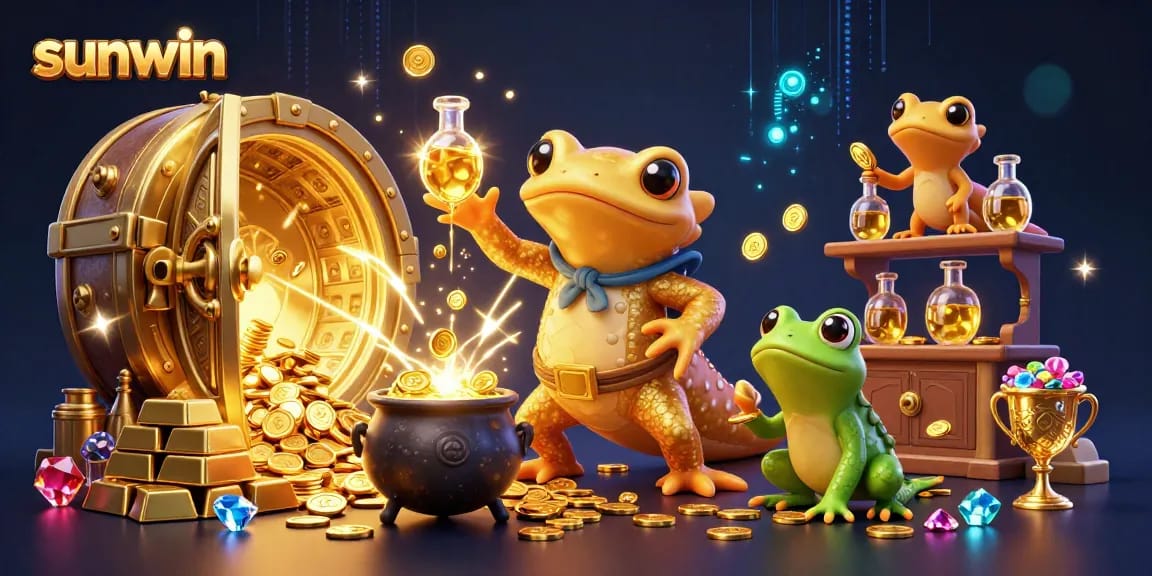 Sunwin's magical casino scene brings fortune, featuring golden alchemy and treasures.
