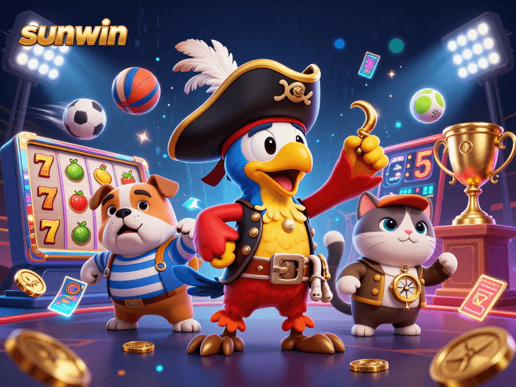 Join the excitement at sunwin with lively characters celebrating casino wins and vibrant game elements.