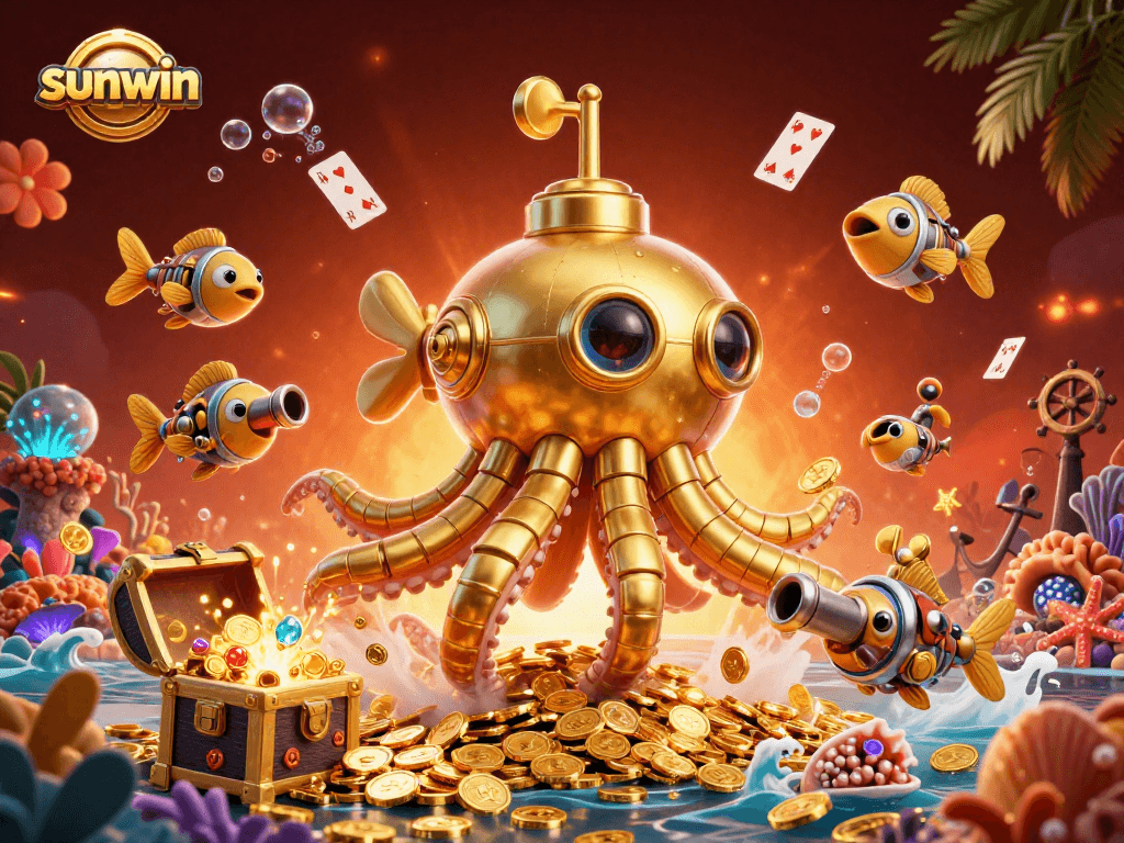 Join the sunwin adventure with mechanical fish and a golden kraken submarine amidst a treasure-filled underwater scene.