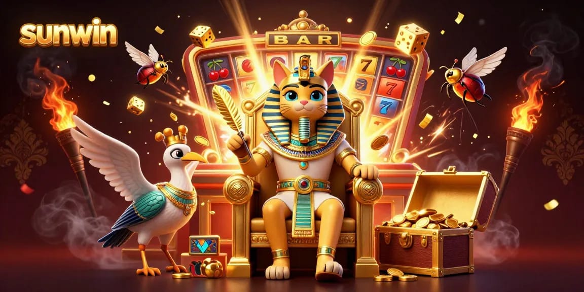 Spin to win at sunwin with a 3D Egyptian pharaoh cat amidst a jackpot explosion!