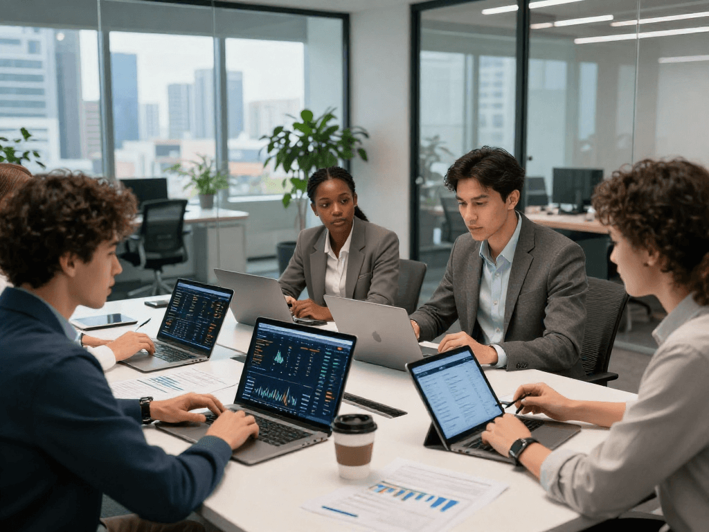 Collaborative fintech team discussing debet applications in a modern office.