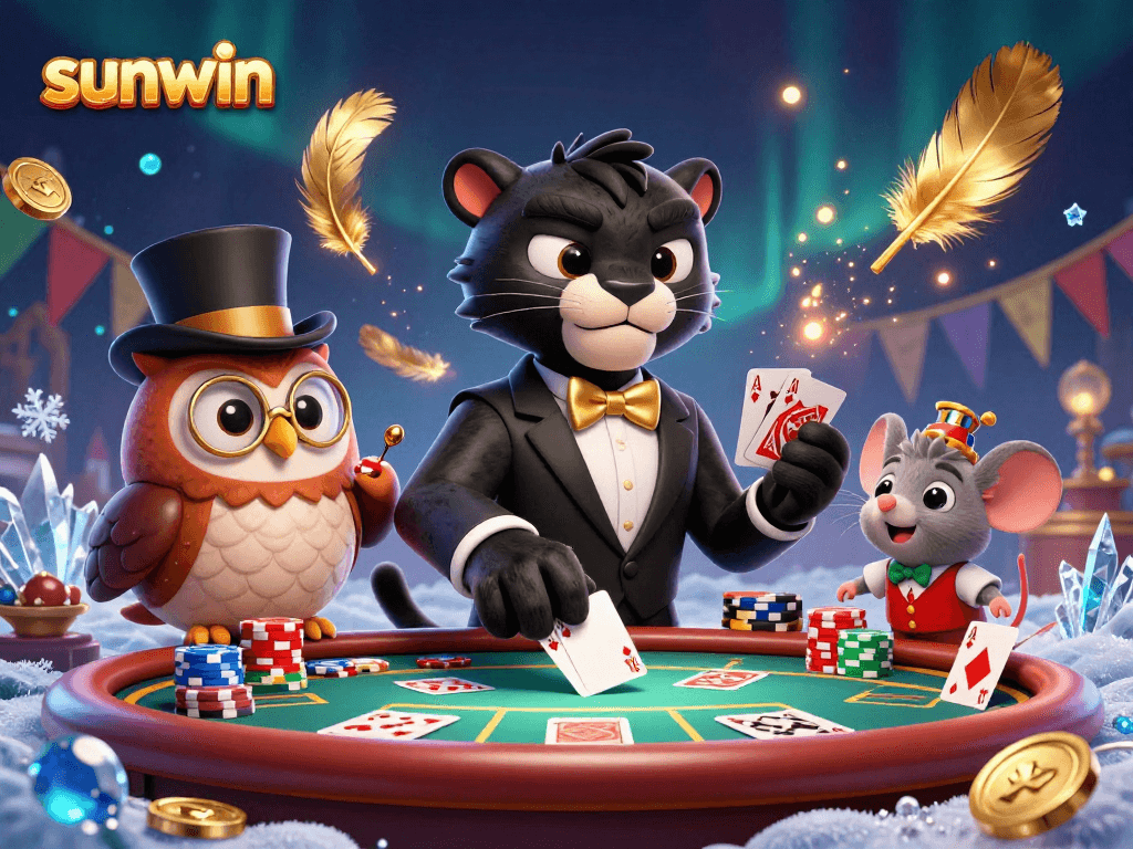 Experience thrilling gameplay with sunwin as a panther deals cards in a lively casino scene.