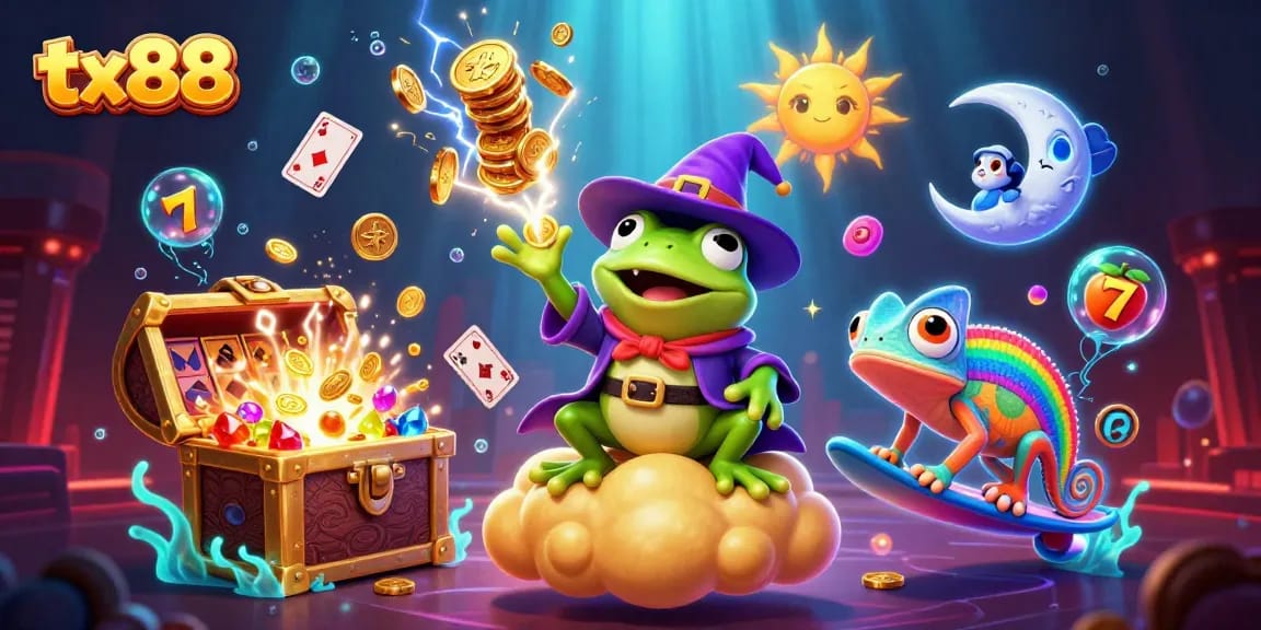 Experience the excitement of tx88 with a vibrant scene filled with golden coins, colorful slot elements, and dynamic 3D characters.