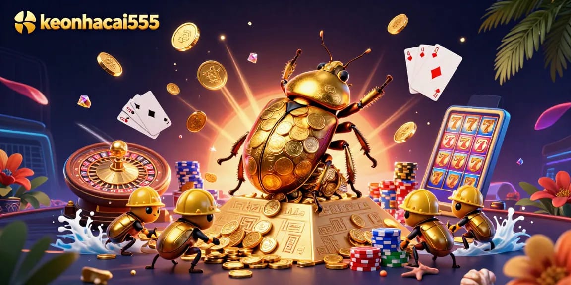 Engage with keonhacai555's vibrant casino scene featuring a golden beetle and riches