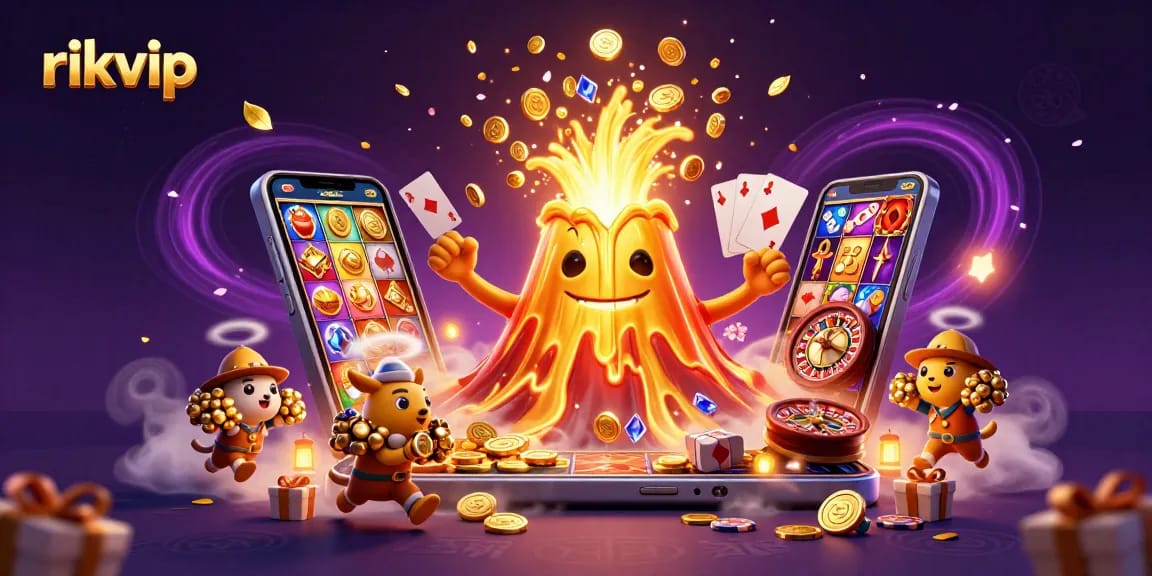 Win treasures at rikvip, where a golden volcano erupts coins amidst exhilarating gaming elements.