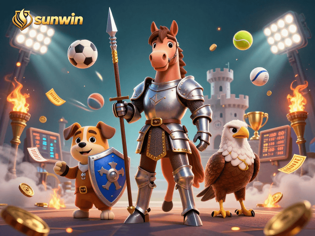 Engage with sunwin by placing bets with a detailed 3D illustration of a knight and squire amidst sports elements.
