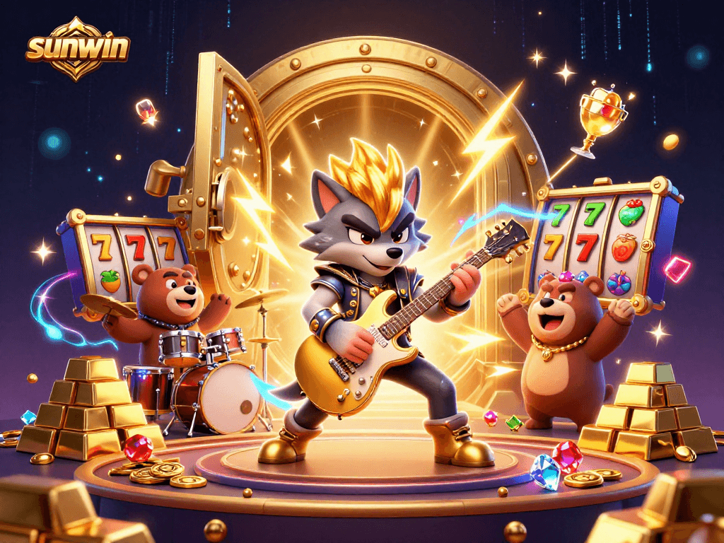 Engage with sunwin's thrilling slots illustrated through a vibrant, electrifying 3D casino scene.