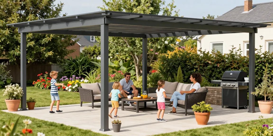 Moderne Terrassenüberdachung mit Familie, die eine sonnige Zeit im Garten genießt.