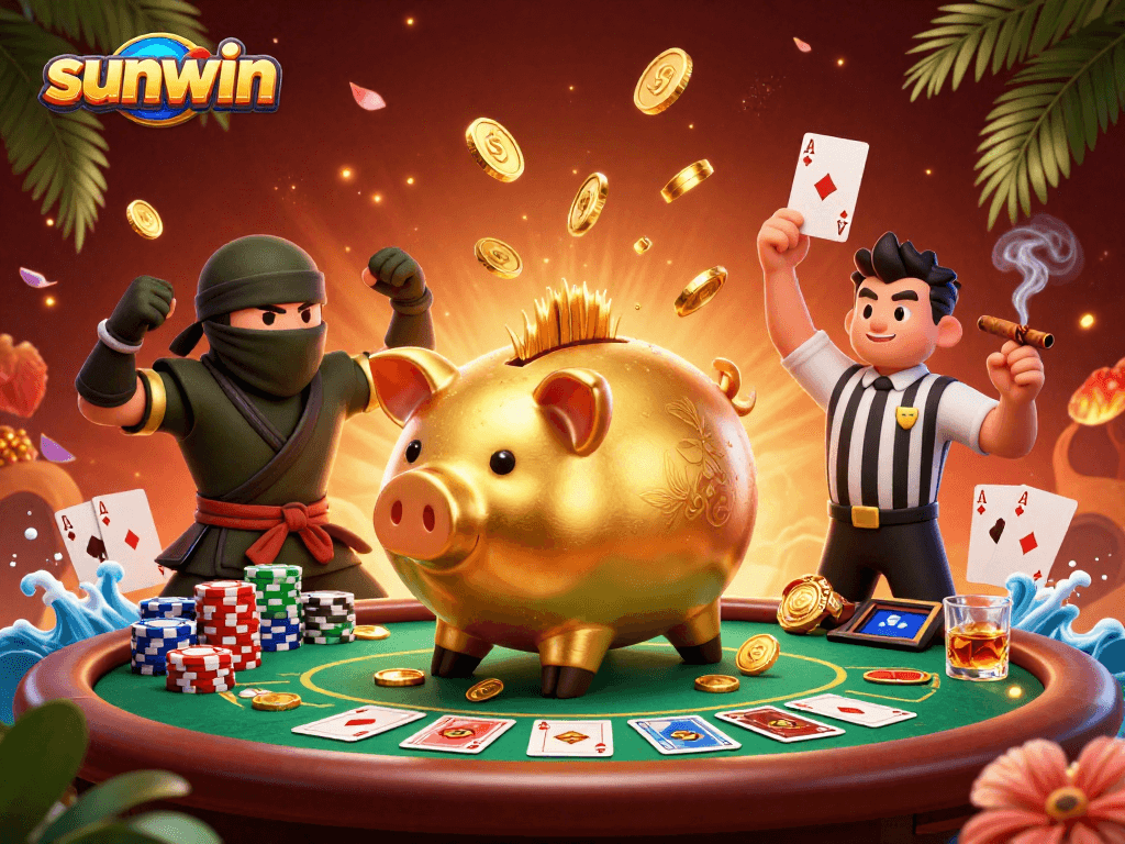 Join sunwin's high-stakes poker showdown featuring an epic piggy bank sumo wrestler!