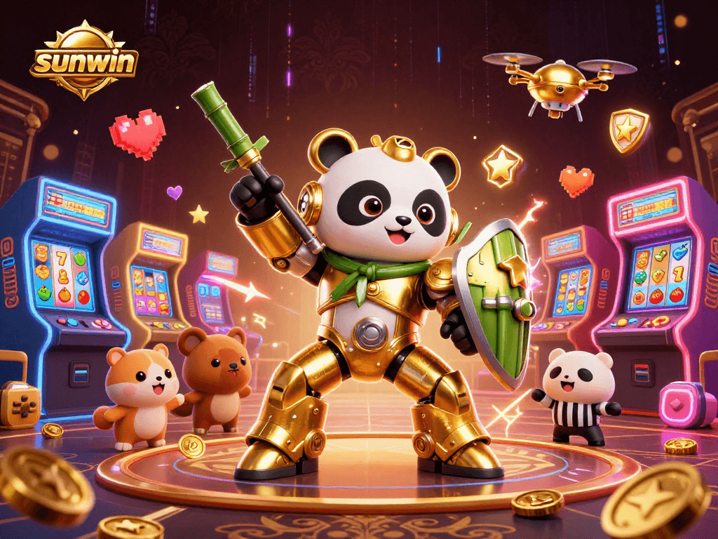 Engage in thrilling gameplay with sunwin at vibrant slots featuring a golden panda robot amidst a dynamic scene.
