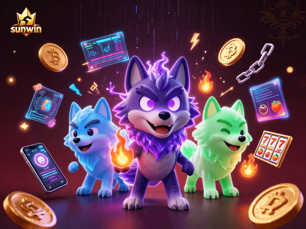 Experience thrilling wins with sunwin in a vibrant 3D casino scene featuring ghostly wolves and crypto coins.
