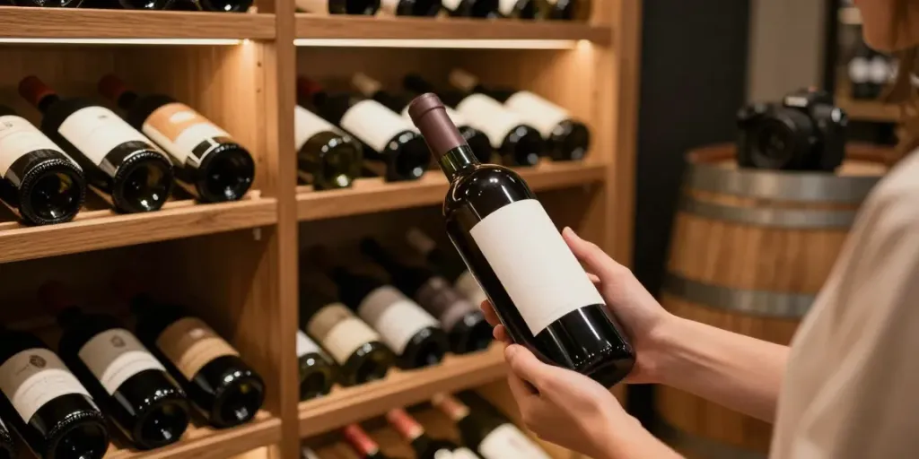 Weinetikett scannen in einem stilvollen Weinkeller mit organisierten Weinregalen.
