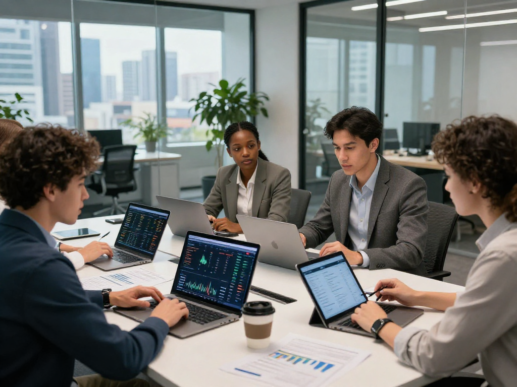 Collaborative fintech team discussing debet applications in a modern office.