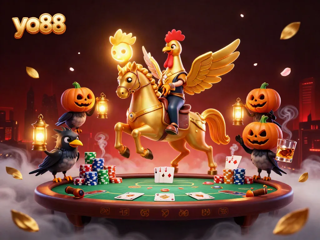 Experience thrilling gameplay at yo88 with a vibrant casino scene featuring a golden rooster riding through an enchanting casino atmosphere.
