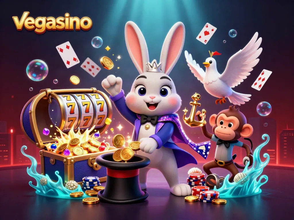 Experience vegasino's thrilling magic with a rabbit, dove, and monkey in this vibrant casino scene.